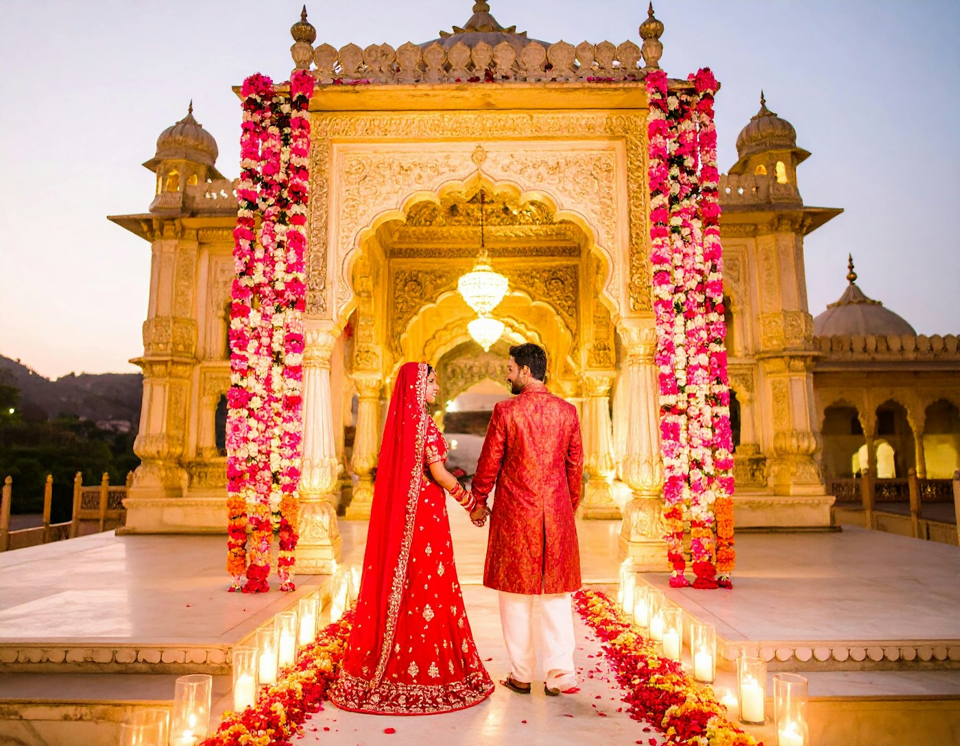 Couple at a flower-framed palace gateway